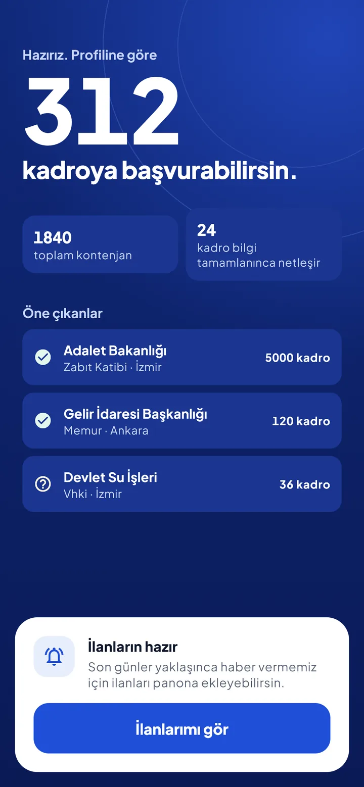 Eşleşme sonucu ekranı: profile göre başvurulabilecek kadro sayısı ve öne çıkan ilanlar.